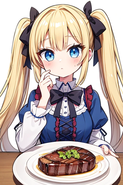 Eat a giant steak,Highest quality,Blonde with blue eyes、****ta、Small breasts、Twin tails、girl&#39;mischief,smile,