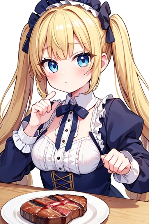 Eat a giant steak,Highest quality,Blonde with blue eyes、Lolita、Small breasts、Twin tails、girl&#39;mischief,smile,