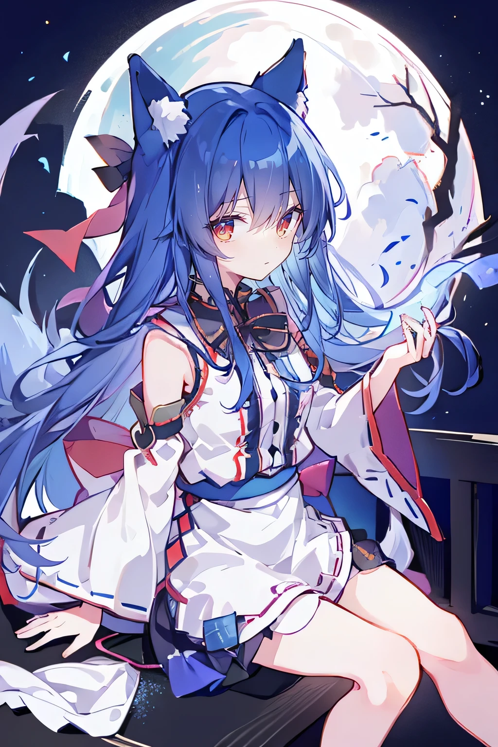 sitting on window sill drinking coffee and looking out the window，girl，moon，bird，star(Sky)，Long hair，starry Sky，((Blue hair)))，animal，Wide sleeves，cream，Flowers，Night Sky，Embrace，Very long hair，Full Moon，looking_at_viewer，Ribbon trimming，Ribbon trimming sleeves，Long sleeve，skirt，Red Eye，独奏，Japanese clothes，Sky，Fox ears，Fox Tail，Fox Girl，