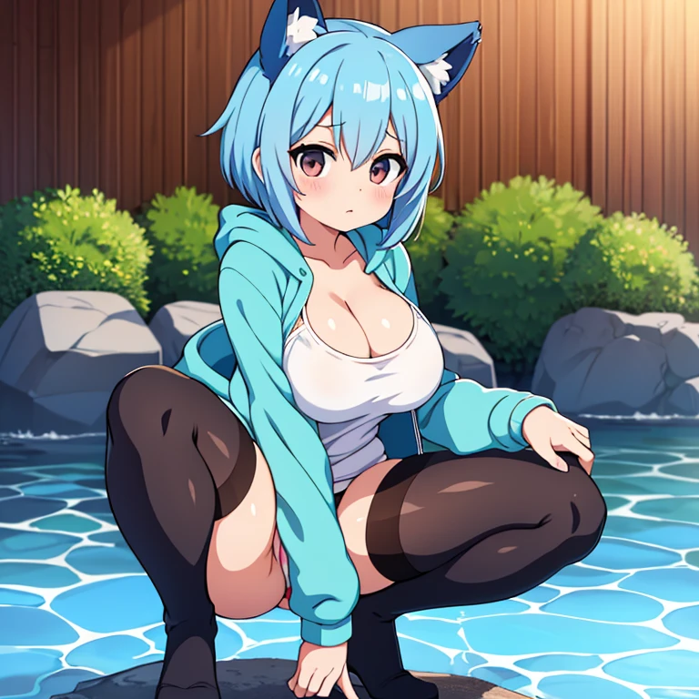 anime girl with blue hair, anime moe artstyle, rogue anime girl ayanami rei, 2 d anime style, Kantai Collection Style, the anime girl is crouching, beautiful anime girl squatting, gushing water from wet and moist crotch, Bushy pubic hair, incontinence, Wearing a jacket with a hoodie, Wearing an animal ears and eyes hoodie, no panty, black pantyhose with thighs visible, Panty shot, 1 girl, blue short bob cut hair, dark brown eyes, lively, cheerful innocent, too large big emphasized breasts that show a lot of skin, boyish, cute, sporty, breasts that seem to stick out, open-chested showing off cleavage sexy clothes, risqué clothing, too short miniskirt, high beams, large erect nipples that can be seen through the clothes