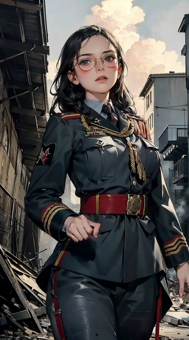 masterpiece, best quality, high resolution, rich details, 8k, extreme light and shadow, image of a beautiful young girl wearing tactical gear, holding a AK47 with two hand, walking down a desolated street in a collapsed city, post apocalypse, smoke and fog in the air, BREAK yellow gray sky covered with toxic cloud, collapsed building, broken street, tall body, detailed face, detailed eye, cold face, dirty, (post apocalypse theme),
night、Street after the rain　(masterpiece), best quality, night bedroom, pale pink bra, bashful, blush, indoors, dress shirt, bra open shirt, from below, pov, low angle, mari ohara bigass bighip、　SEXY(((masterpiece))), (((best quality))), ((ultra-detailed)), (illustration), (detailed light), ((an extremely delicate and beautiful)), (beautiful detailed eyes), (sunlight), blush, shy, gigantic breasts, uzaki, outdoors, dynamic pose, naked overalls bare shoulders bigass bighip、SEXY　roupa modesta, tiro remoto, Detalhe bonito rosto delicado, Olhos delicados bonitos detalhados, perfect facial proportions, High definition skin, pele fina, best four inch aspect ratio. Com um polegar, uma obra-prima, altamente detalhado, Realistic, (German World War II general uniform reference : 1.8), the highest facial resolution, , mulher modestamente vestida, vestido inteiramente, ( pequeno, cabelos pretos, black franja reta, super thin braids, franja reta, Red glasses, olho verde escuro, science fiction, Fighter aircraft, standing On the landing of a Fighter aircraft, the agency, uma personalidade profundamente inteligente, A calm expression, um rosto respeitoso, uma guerra, a Fighter aircraft