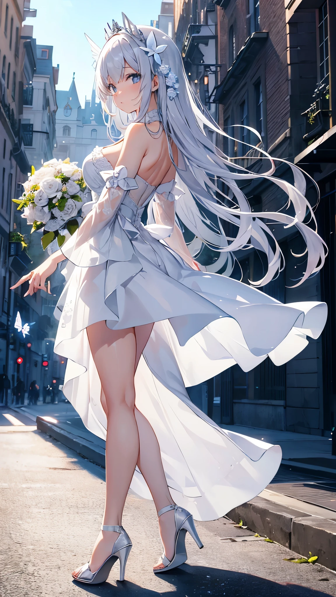 A woman in a white dress and high heels walking down the sidewalk 8k wallpaper,Detailed Background,Highest Resolution,Silver Hair,Bandeau wedding dress,White Wedding Dress,White high heels,Castle Background,Princess,butterfly,Moonlight,Good move、Beautifully aligned fingers 飛び回る小さなbutterfly、The Spirit of the Coming Earth、Wind Spirit、Wearing flowers that invite dreams、
