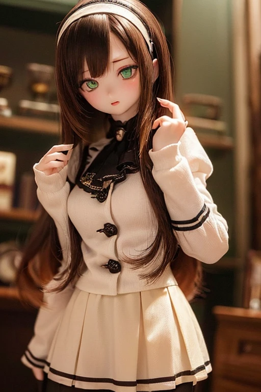 (SFW:2), photorealistic, realistic photo, ((highest quality)), ((masterpiece)), kukolnydom, doll, (mature woman:1.6), solo, ((eye level shot, sitting on sofa, reclining on sofa, skinny, slender, slim, brown hair, parted lips)), detailed face, green eyes, (looking down:1.3), (eyes out of focus, emotionless eyes, blank stare, empty eyes, detailed eyes), pleated skirt, room, 8k