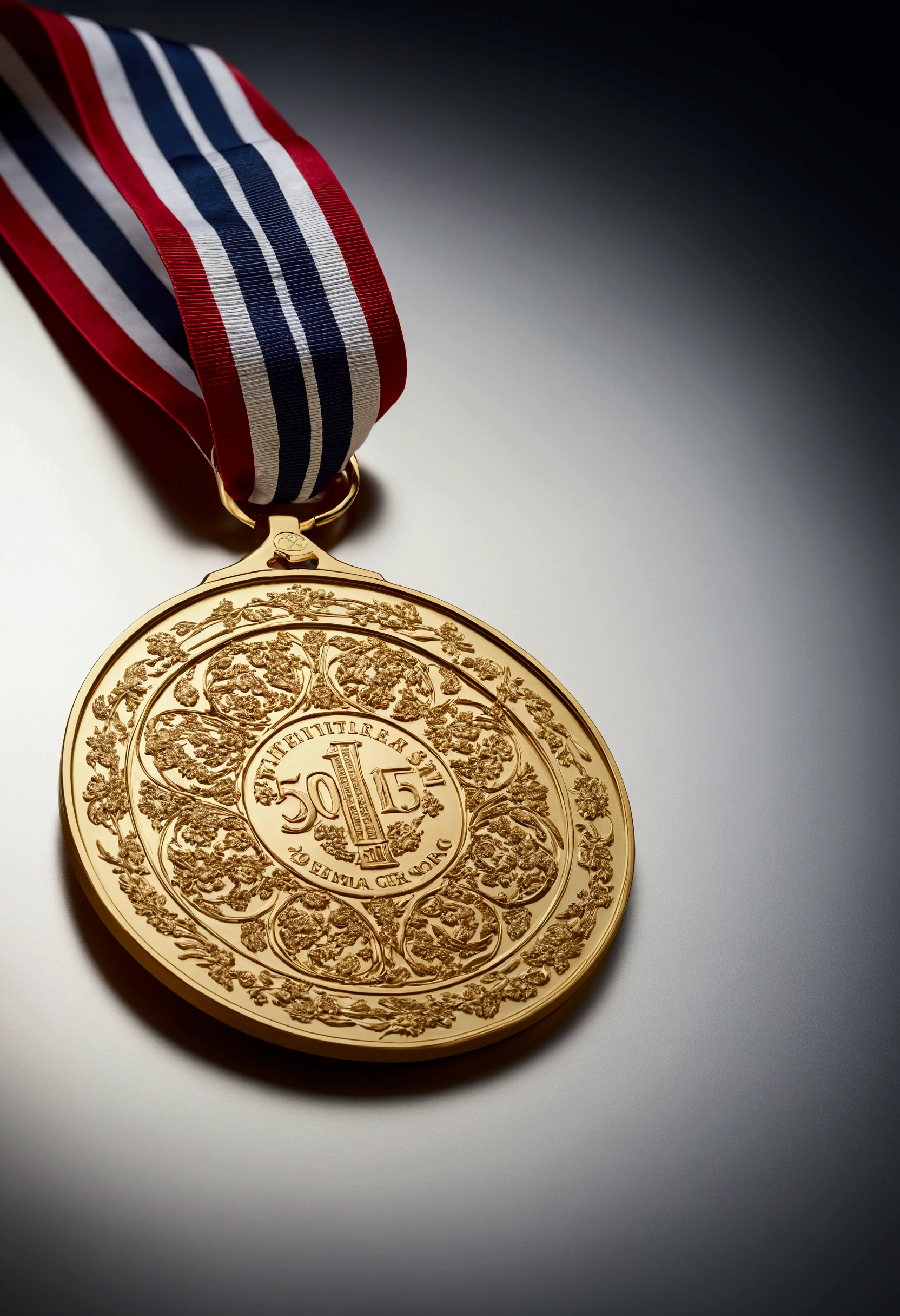 a clean gold medal, hiper realist, high details, best quality, soft cream light, unreal motor 5, cinematographic, Low-angle photography, insane details, details Intricate, Editorial Photography, Photographed with a 50mm lens, Depth of field, Tilt Blur, shutter-speed 1/1000, f/22. light maps, silver background