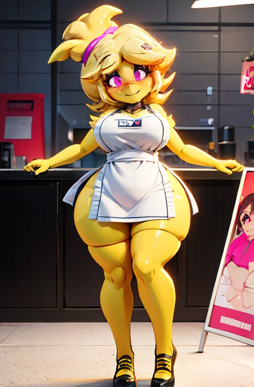 (masterpiece: 1.1), (chikú), wearing a long tabard-type apron with the end on the hips, Ultra detailed, estilo 2d, sexy, women, yellow skin, Yellow hair, thick thighs, pink eyes, blush, dynamic pose, dynamic angle, lazy eyes, smiling, full body view