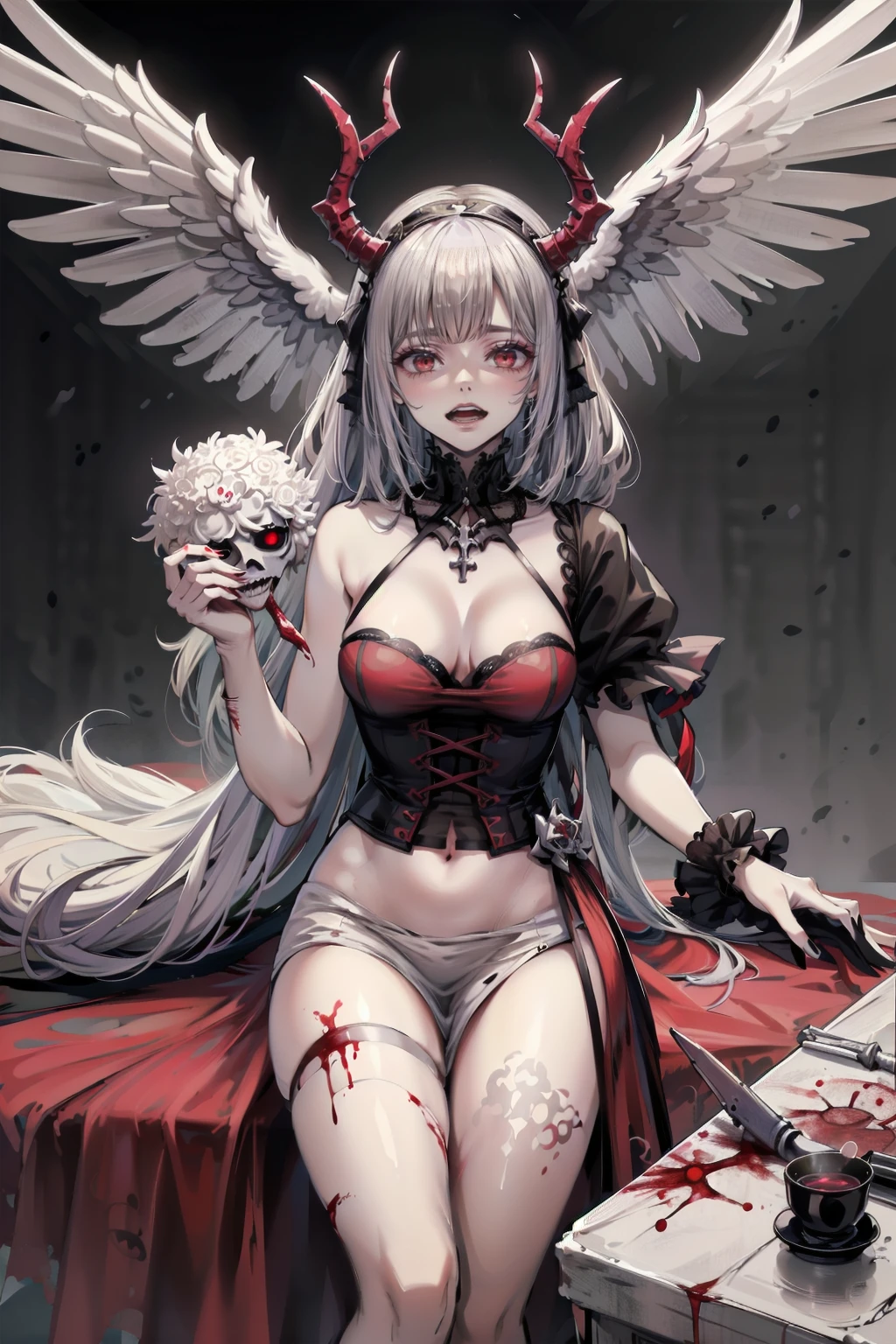 ,disaster々new devil horns,(Highest quality,4K,High resolution,masterpiece:1.2),Very detailed,Realistic:1.37,Spooky altar background,Dark fantasy,Red color scheme,Ominous atmosphere,Eye-catching,Storytelling,anatomy,Anime Style,Concept Art,beautiful細部までこだわった顔と (((Red eyes ))),A terrifying ritual ,Satanic Ritual,Premature death,inappropriate behavior,クレイジーなsmile,Scythe Face,Girl Monster, beautiful, Delicate facial features, Sharp Eye, Sharp Fangs, pale skin, Thick chain, Dark Background, Cinema Lighting, Dramatic Shadows, Gothic style, Gloomy atmosphere, Dark fantasy, One Girl, , Please open your mouth wide, Open your mouth and baring your teeth,Sharp teeth like a beast, Wide lips, very wide mouth, Vermilion cheeks, ,(Blood splatter:1.4),Scary smile, smile,Fallen angel design, Twisted smile、Bloody、bleeding from the head,,,,,、Blood splatter、,(Blood splatter:1.4),Crossbones, skull,Horror Style, ((Fantasy Fallen Angel Costume)), ((Flowing black hair)), ,(Blood splatter:1.4),Female curves, Sexy flat stomach, Perfect hands, Perfect anime face, ((White Lolita Dress)), Are standing, ((邪悪なsmile)), ,(Blood splatter:1.4), Steam circulates, Moonlight Illumination, night lighting, disaster々新new devil horns,,(Blood splatter:1.6),アニメFallen angel design, Twisted smile、Bloody、bleeding from the head,,,,,、Blood splatter、,(Blood splatter:1.4),Crossbones, skull,Gothic architecture、Western architecture、Fantasy World、,Victorian cities, Skeleton Gas Light,Absurd, High resolution、 ((Tabletop)), ((Highest quality)), (Very detailedな), ((Very detailed)), (beautiful), ((pretty girl)), (NFSW:1.8), alone,(10 years old:1.6)、(world&#39;The most terrifying and creepy demon girl:1.5)beautiful face、Whole Body Ezbian、pale, Beautiful Skin、beautiful黒の髪、Smiling Kindly、Dark building ruins、(snow white&#39;Frill dress:1.3)、(The dark ruins are stained with blood:1.3)、Low angle full body shot、(少女は血の海の中にAre standing:1.5)、(The ground is full of blood:1.3)、(The girl lost a lot of blood...:1.3)、)、(クレイジーなsmile:1.6)、Spirits、(Blood dripping from the mouth:1.3)