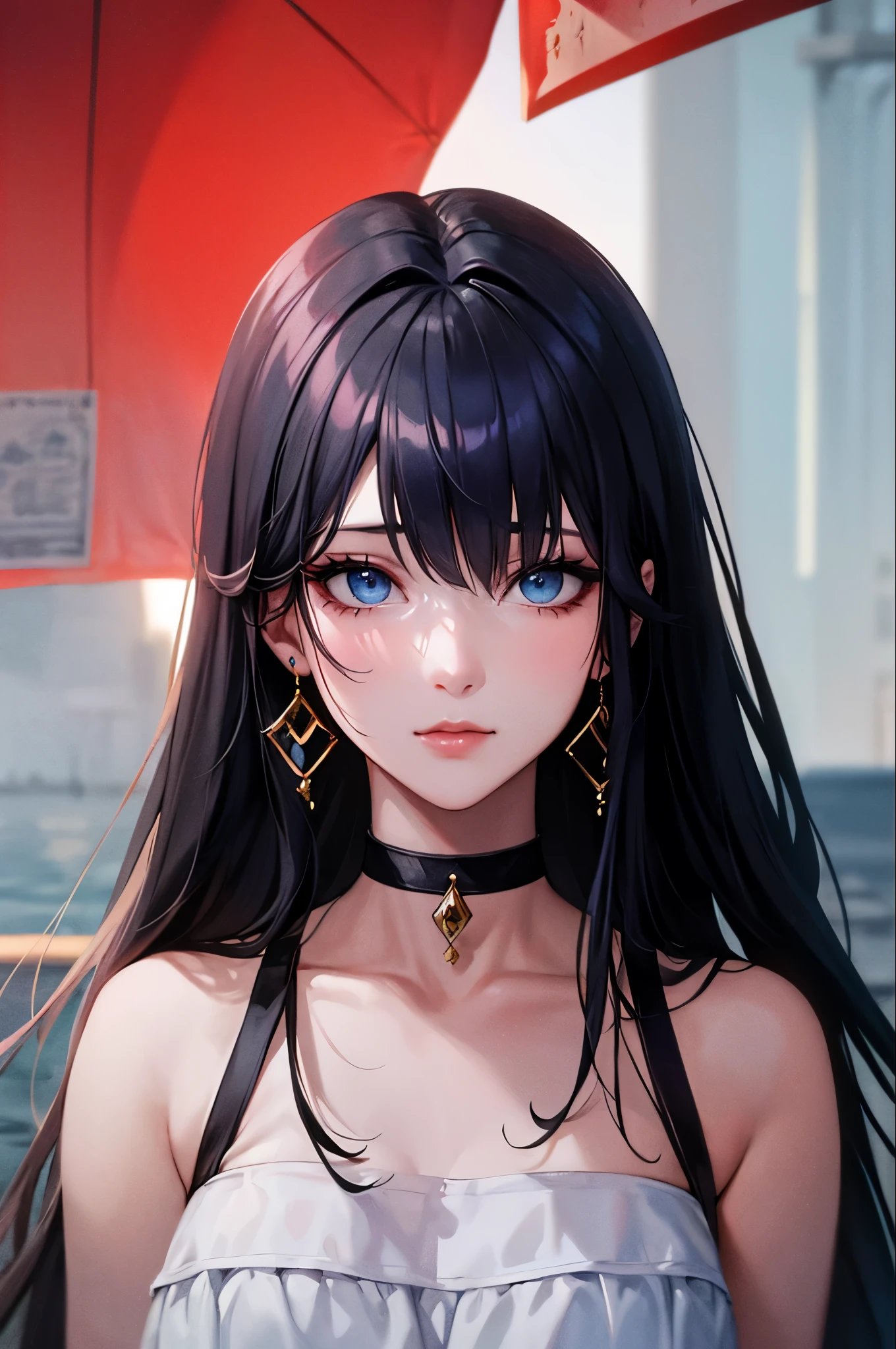 8k wallpaper, masterpiece, Cinema Lighting, Highest quality, figure, Elevation, ((color: 1.1)), ((color inner hair: 1.4)), One girl, alone, Long Hair, water, blue eyes, choker, Lips parted, white choker, Black Hair, bangs, from ~ side, ~ side, Upper Body, Simple Background, 灰colorの背景, Exposing shoulders, Portraiture, Looking at the audience, White Dress, Hair between the eyes, 白colorの背景, Earrings,