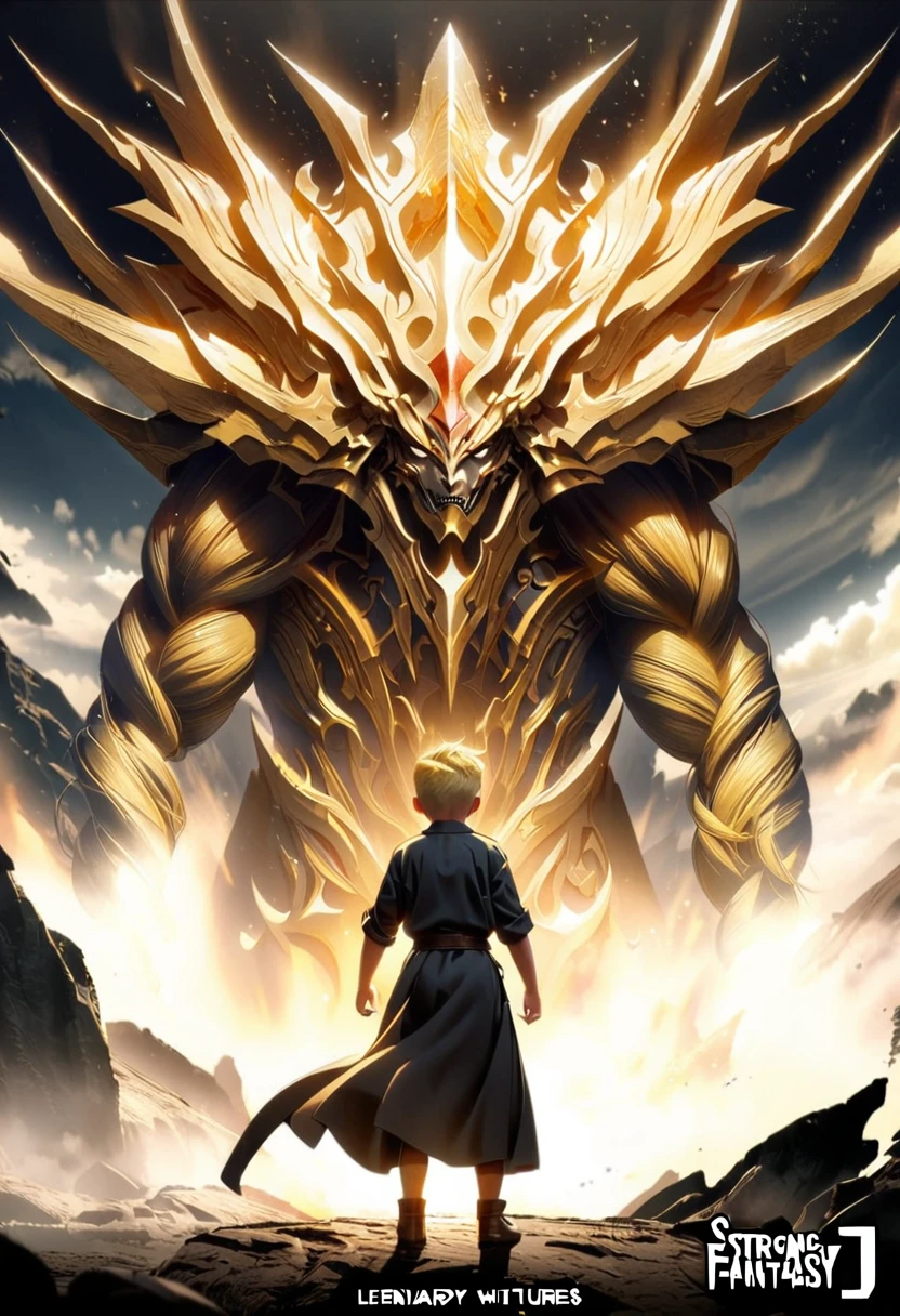 1 boy, 7 yearsd with back,No Page,Blonde hairstyles,full body angle,Legendary pictures,ตรงหน้ามีก็อปลินมอนสเตอร์ในโลกFantasy,Fantasy,strong