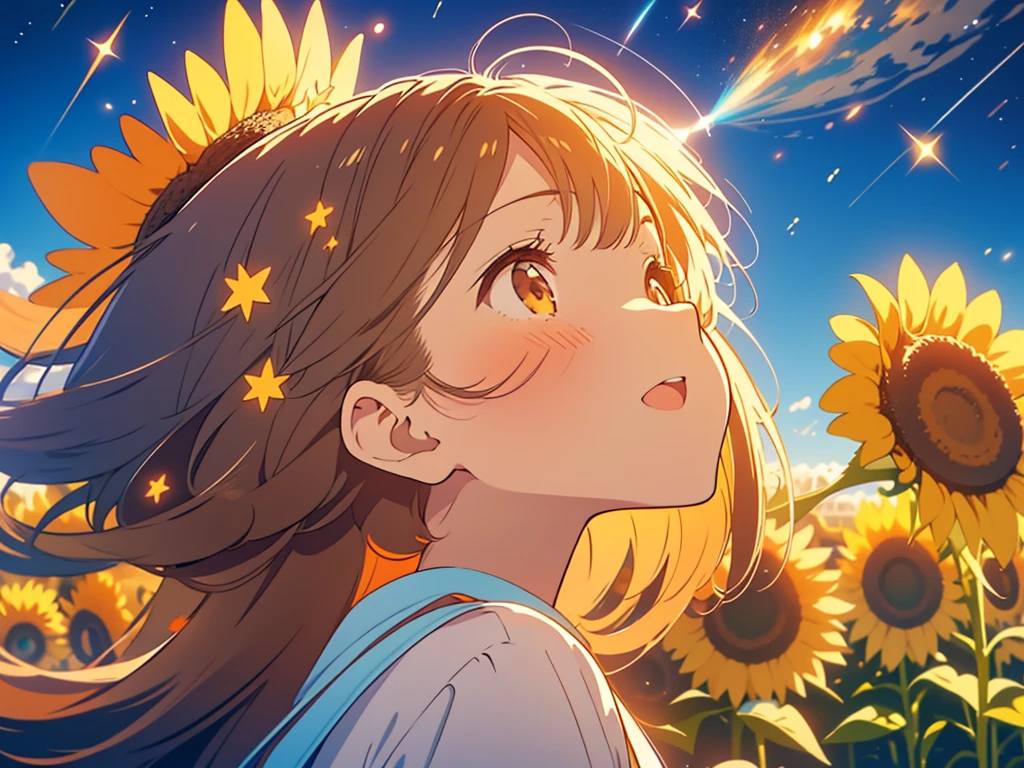 kawaii, anime, Cute, hyper quality, highly detailed, 8k, Clarity, Draw facial expressions in detail, dark brown long hair girl, sunflower, sunflower field, Close ~ eyes, Astronomical observation, look up at the sky, Sunflowers shining in the moonlight, Star of the sky, shooting star, Comet, milky way, light dances, A small shining butterfly dances, perspective looking up, Inciting point of view, turn over, profile, upper body, close your eyes and pray, wish on the sky, 