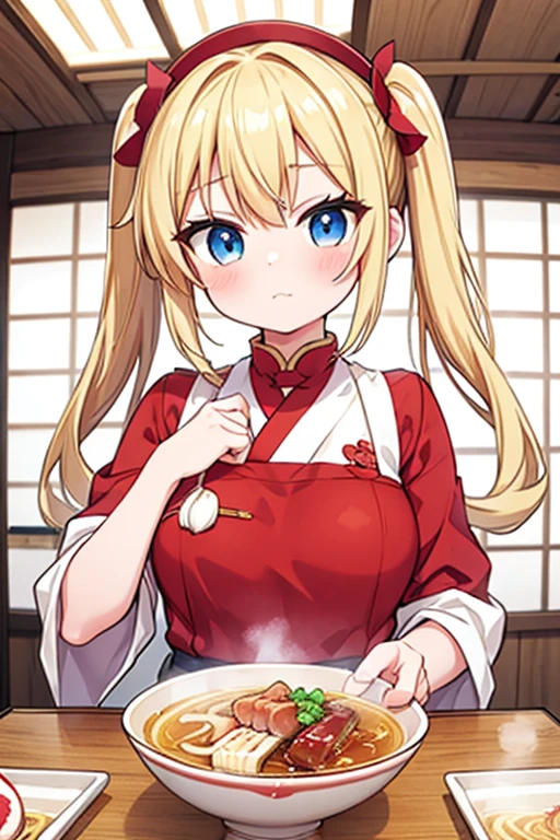 Eat Jiro-style ramen with a large serving of char siu,Highest quality,Blonde with blue eyes、Lolita、Small breasts、Twin tails、girl&#39;mischief,smile,