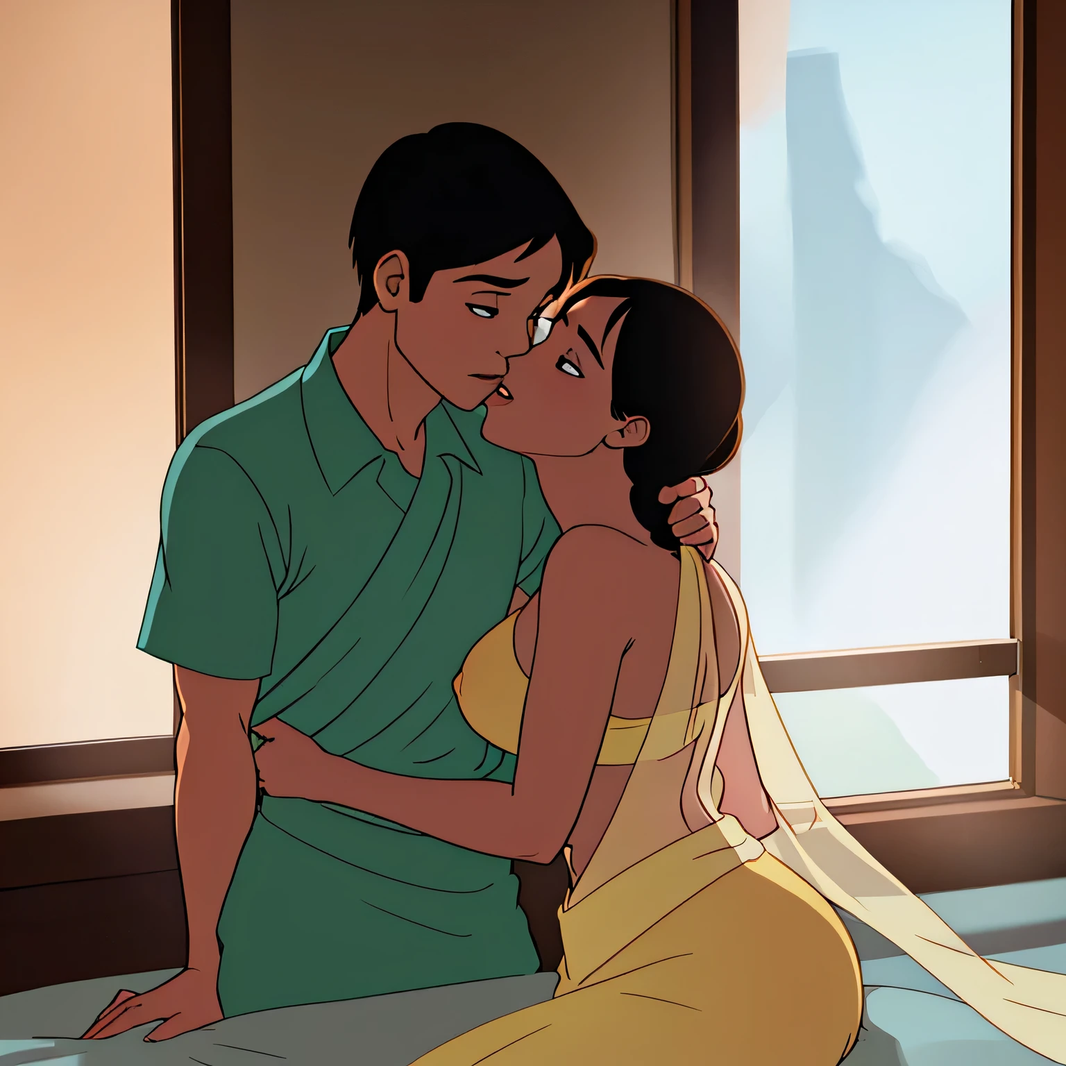 Young boy shirtless kissing a sexy woman wearing a saree near a windowsill, natural light beaming through window, passionate love-making, making out, intensely intimate