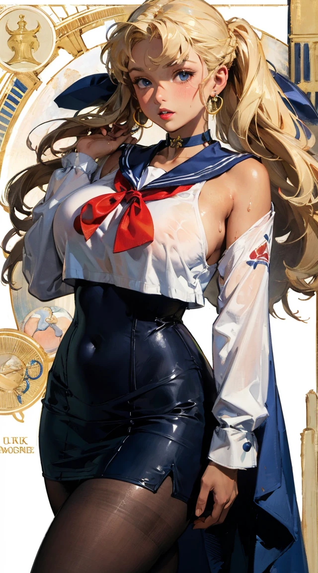 top-quality、realistic touch,high-detail、photoRealstic、、Long body、skirts that are too short、big eye、Big breasts that are about to fall out of your clothes、Strong platinum blonde eyelashes、platinum-blonde、Beautie、A sexy、full body Esbian、Sparkling eyes、Submissive smile、Flushed cheeks、Kamimei、thin-waist、Sleeveless、Voluptuous thighs、Enraptured look、body suit、Raked bangs、The forehead is protruding、Butt sticking out pose、See-through clothing、a sailor suit、high-heels、Legs spread between legs