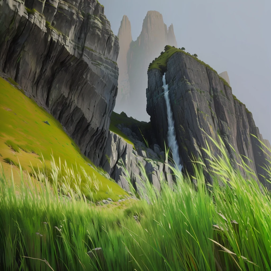 , grass and rocks, cliffside, cliff side, grass mountain landscape, 3 d virtual landscape painting, mattepainting, digital landscape art, cliffs, cliff, a digital painting, rocky foreground, digital collage, grassy stones, looking down a cliff, steep cliffs, organic matte painting, cliff edge