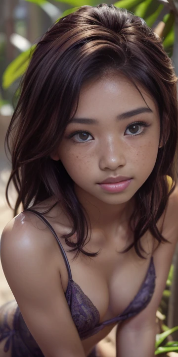 (portrait, editorial photograph of a beautiful asian girl, adorable face, freckles,  long brown curly hair, hazel eyes, by lee jeffries, nikon d850, film stock photograph ,4 kodak portra 400 ,camera f1.6 lens ,rich colors ,hyper realistic ,lifelike texture, dramatic lighting, (highly detailed face:1.4), perfect eyes, realistic iris, perfect teeth, (smile:0.7), (background dark, shadow of the leaves, moody, cleavage), sun rising, early morning light, Wishing for something, masterpiece, best quality, photorealistic, Citizen of Guinea-Bissau, very cute super model, perfect anatomy, skinny, ((small breasts)), ((full body shot))
