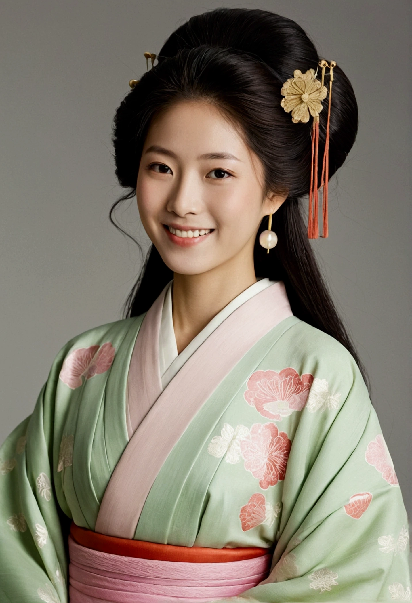 palace、Heian period、Wearing twelve-layered kimono（Kimono color、Light green）、Woman looking forward and smiling、Medium build、Approximately 20 years old、Long Hair、Beauty