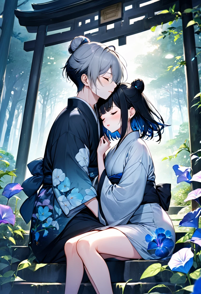 (lovers kissing style) (boy is kissing to girl), (a crew cut silver very short hair 16 yoboy, closed eyes) and (a asymmetry bangs Messy bun black long hair sadist girl closed eyes), lovers kissing, in a immensely beautiful yukata with double exposure morning glory) break, in the An empty shrine, background Night forest, many Noctiluca, girl is sit down on Shrine stairs, BREAK, perfect anatomy, masterpiece, best quality, 16k, beautiful detailed night, daydreaming expression.