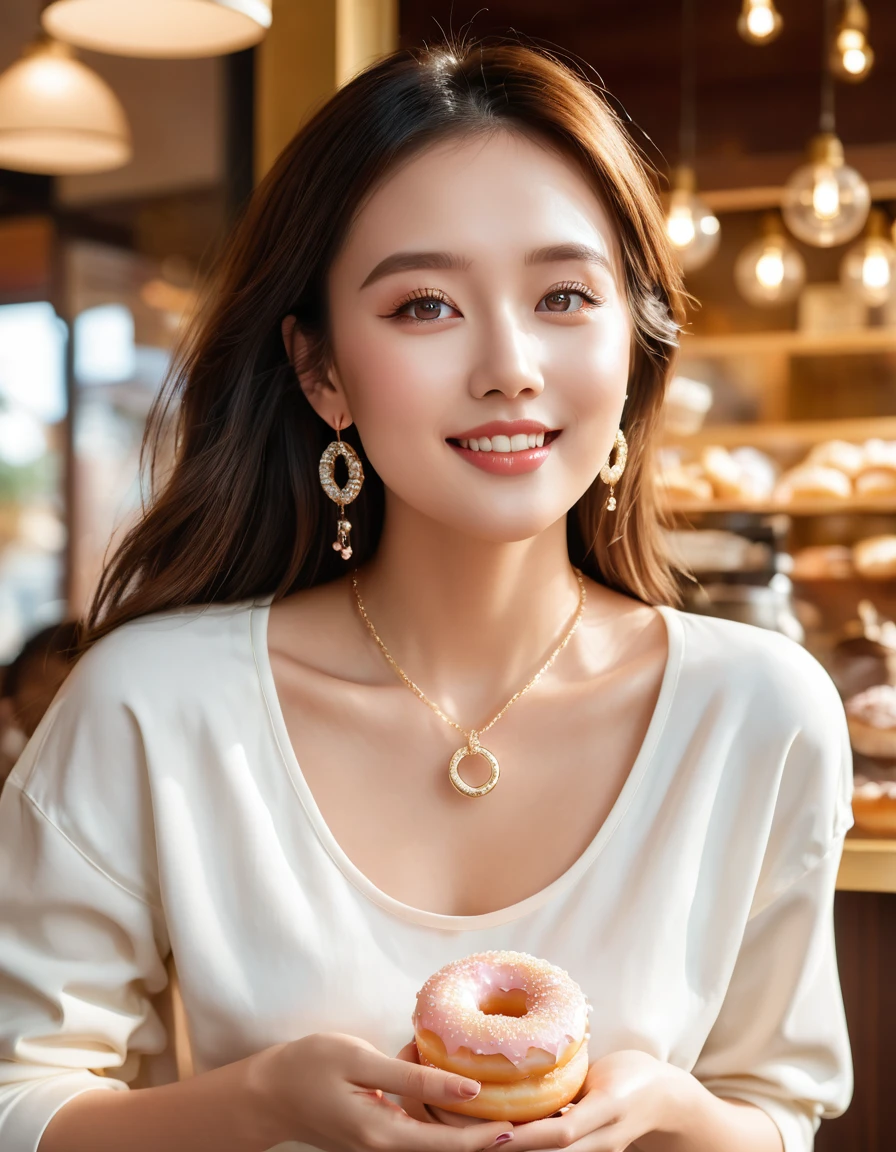 A stunning young woman, dressed in a sleek white outfit with high-waisted jeans, accessorized with a delicate necklace and small earrings, poses elegantly while taking a bite of a fluffy donut. Soft golden light illuminates her face, with the warm tones of a cozy café setting. Framed by a shallow depth of field, her eyes sparkle with delight as she savors the treat.