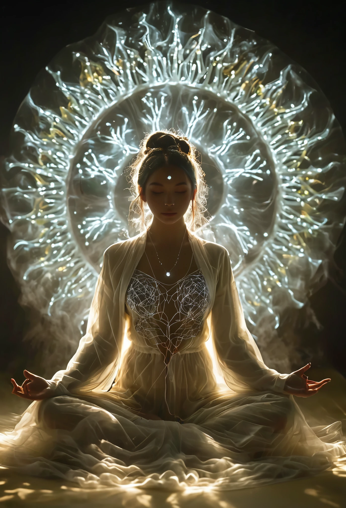 Full body photography of girl in lotus pose,Raw, Lenses, (Clear focus:1.5), (Reality:1.4), Dusk lighting, Volumetric Lighting, Ultra-high resolution, 16K,Dramatic Lighting, White background:1.5)(tangled,Mandala,Tangle,Entanglement:0.7)Fox Demon,Fox Mask,Short coat, Foxfire Curse, fox family, Transformation, Depth of Field, Dreamy atmosphere, The most beautiful form of chaos, grace, Dark theme of Fauvist design, Flower of Death, Flowers of ecstasy,Glowing Line,Glow Example,Tracking Example,flash, Backlight,translucent,Light Particles,Xianxia