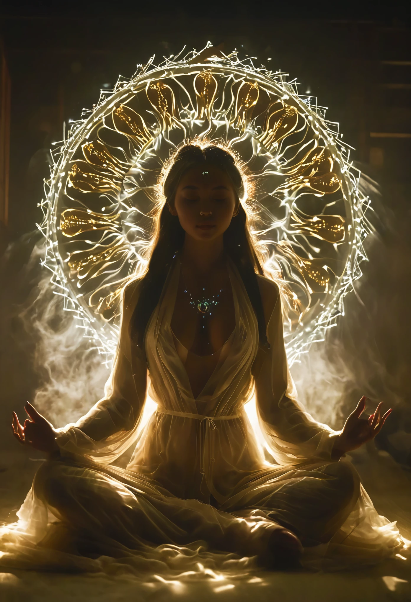 Full body photography of girl in lotus pose,Raw, Lenses, (Clear focus:1.5), (Reality:1.4), Dusk lighting, Volumetric Lighting, Ultra-high resolution, 16K,Dramatic Lighting, White background:1.5)(tangled,Mandala,Tangle,Entanglement:0.7)Fox Demon,Fox Mask,Short coat, Foxfire Curse, fox family, Transformation, Depth of Field, Dreamy atmosphere, The most beautiful form of chaos, grace, Dark theme of Fauvist design, Flower of Death, Flowers of ecstasy,Glowing Line,Glow Example,Tracking Example,flash, Backlight,translucent,Light Particles,Xianxia