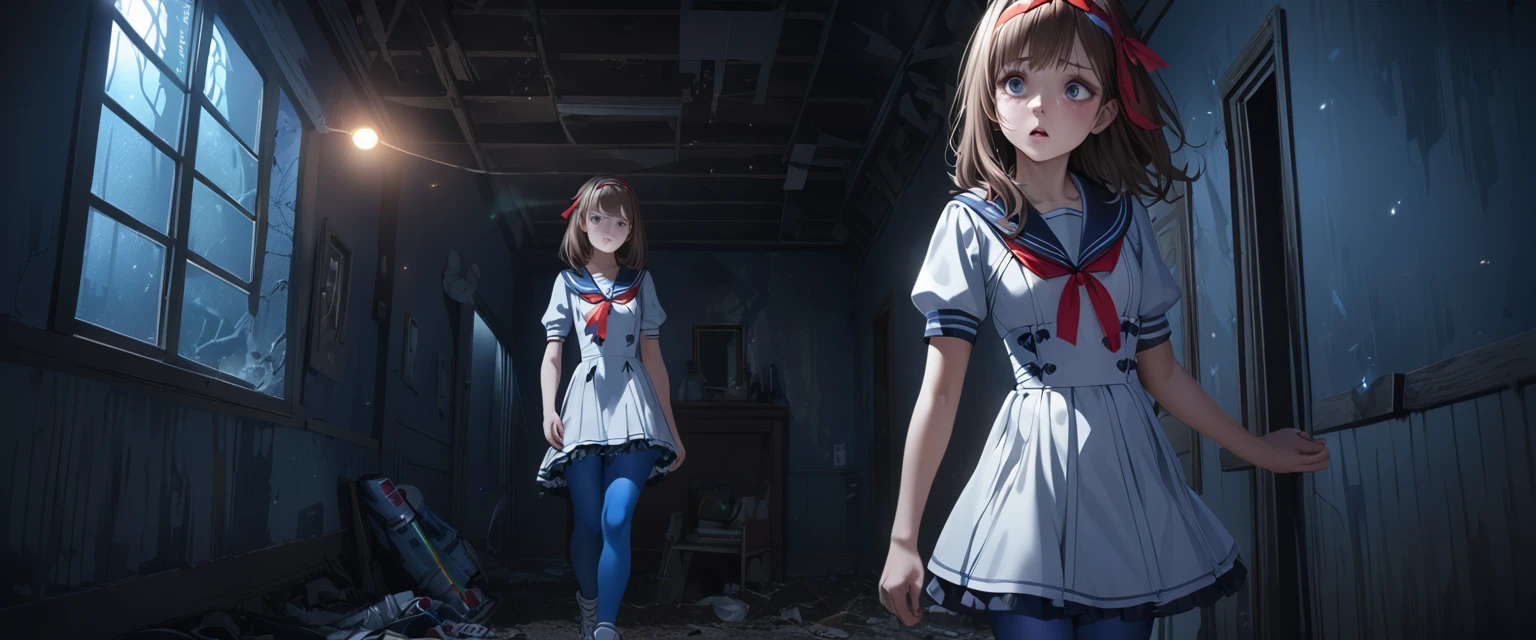 (Highest quality,4K,High resolution),Very detailed,Realistic, Japanese , Looks scared, Long brown hair,mysterious, Ecomodernism, Bokeh, Ribbon Headband,Small breasts,Futuristic Sailor Lolita Dress,Puff sleeves,White and blue,Colorful lighting, Red ribbon, Dark blue pantyhose,Sports boots, Have a flashlight, Walking alone through a haunted abandoned house, At night, Low Light, darkness, Very detailed, 4K. Blue tights