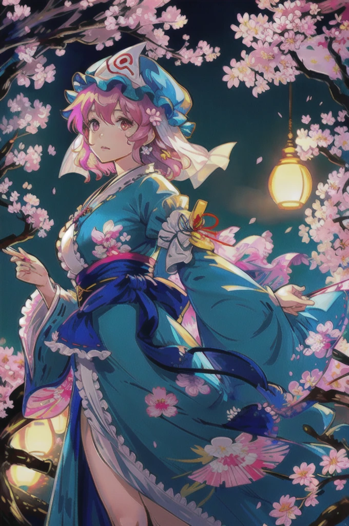 masterpiece, Highest quality,Floating in the sky, One girl, saigyouji yuyuko, Pink Hair, Have, alone, 手fan, Triangular headpiece, butterfly, cherry blossoms, kimono, bug, Mob Cap, kimono, short hair, Long sleeve, Pink Eyes, fan, Wide sleeves, blue kimono, smile, Holding fan, hitodama, Holding, Frills, sash, flowerびら, Ghost, branch, Blue hat, ribbon, chest, heart, blue bow, bow, Mouth closed, dress, Hair between the eyes, Raise your hand, blue ribbon, blue dress, Wavy Hair, Blurred, medium chest, frilled kimono, View your viewers, sleeve garter, Veil, From the side, bangs, Foldable fan, Medium Hair, flower, wood, neck ribbon, Red eyes, Depth of written boundary, Frills袖, flower柄プリント, Are standing, light smile, look up