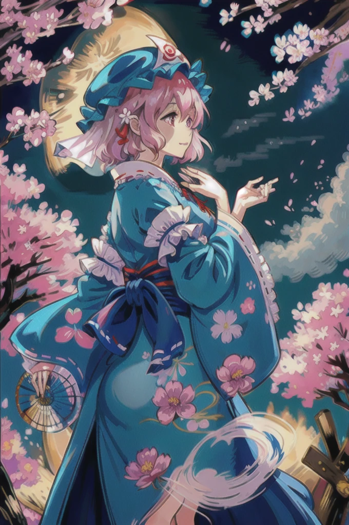 masterpiece, Highest quality,Floating in the sky, One girl, saigyouji yuyuko, Pink Hair, Have, alone, 手fan, Triangular headpiece, butterfly, cherry blossoms, kimono, bug, Mob Cap, kimono, short hair, Long sleeve, Pink Eyes, fan, Wide sleeves, blue kimono, smile, Holding fan, hitodama, Holding, Frills, sash, flowerびら, Ghost, branch, Blue hat, ribbon, chest, heart, blue bow, bow, Mouth closed, dress, Hair between the eyes, Raise your hand, blue ribbon, blue dress, Wavy Hair, Blurred, medium chest, frilled kimono, View your viewers, sleeve garter, Veil, From the side, bangs, Foldable fan, Medium Hair, flower, wood, neck ribbon, Red eyes, Depth of written boundary, Frills袖, flower柄プリント, Are standing, light smile, look up