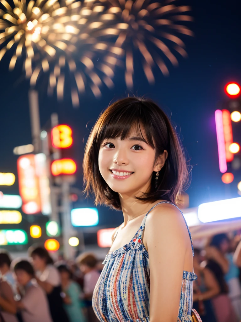 Image quality:best quality
Camera Focus: blur background
light:Backlit composition:Looking at the camera person:20 years old woman,Japanese,actress
pose:Slightly leaning forward background:Fireworks Festival Hairstyle: Short Bob、Swinging Hair、With bangs
Dress:casual
facial expression: happy
