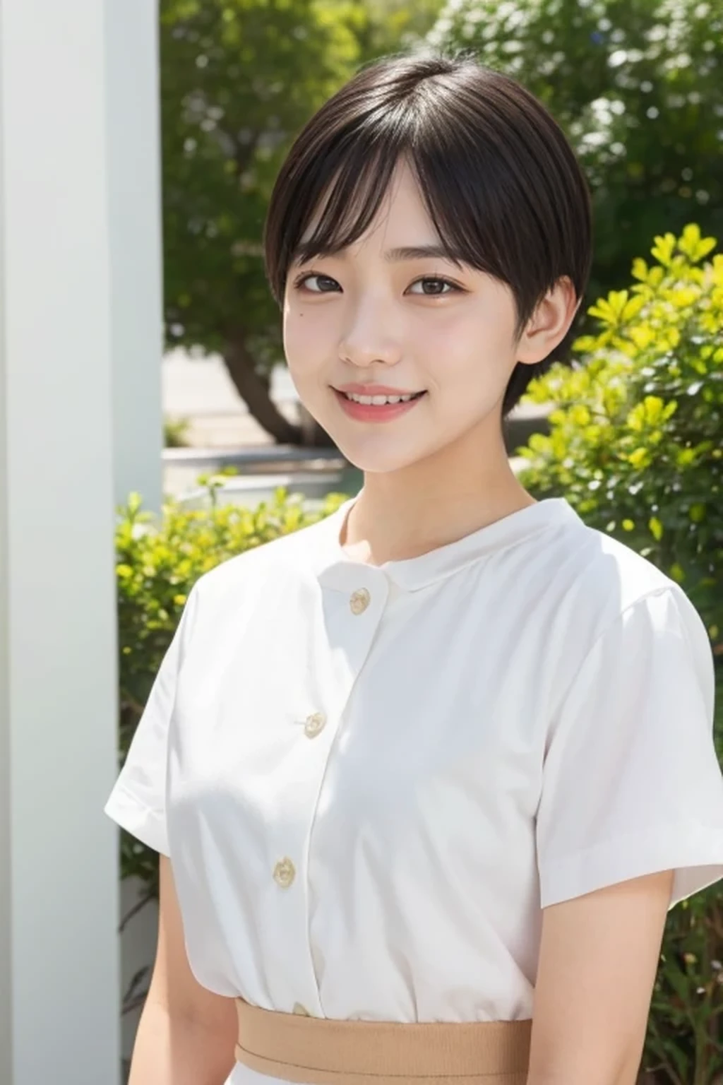 (natural lighting:1.3), 8k, RAW photo, best quality, masterpiece, realistic, photo-realistic, clear, beautiful face, no makeup, best quality, ultra high res, BREAK, Japanese cute girl, 14 years old, (very short cut hair:1.2), smile, standing