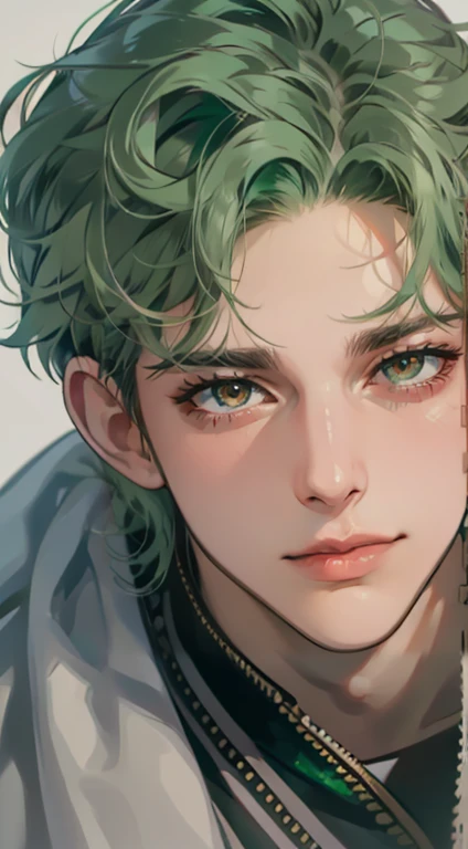 masterpiece, best quality, realistic, 1man, mature male, quiet and charming  man, 35 years old, close his eyes, serious, closed mouth, extremely detailed face, cold, ((dark grey blue eyes)), ((short-right-swept green hair)), [thick eyebrows], ((hunter)), accurate, detailed, ((town))