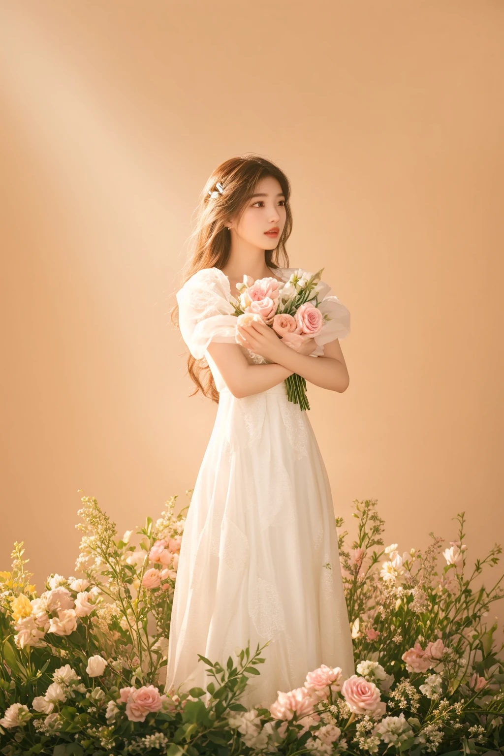 there is a woman in a white dress holding a bouquet of flowers, with flowers, bae suzy, wearing organza gown, holding flowers, romantic dress, lady with glowing flowers dress, wearing long gown, photoshoot, with frozen flowers around her, photoshoot for skincare brand, ethereal and dreamy, with backdrop of natural light, bouquet, in romantic style, dreamy and ethereal