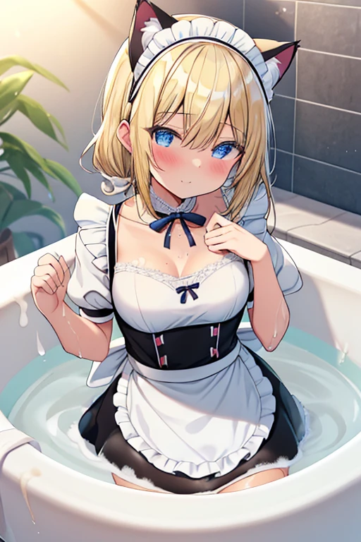 (Ultra high quality:1.6), (Highest quality:1.6), (Attention to detail:1.6), (Ultra-high resolution:1.6), (Detailed face:1.6), (Perfect Face:1,6), (Beautiful Eyes:1,6), (Detailed eyes:1.6), (Maid clothes, White apron, Headband, Black Dress, Blue ribbon, Maid clothes, Classic, Small breasts, Long:1.4), (白と黒のMaid clothes:1.6), (Blonde, Blue Eyes, Cat ear:1.5), cute, The best smile, Soaking wet, (Water droplets all over the body:1.4), (全身White foamまみれ:1.4), (Swimming in clothes, bathing, Bathroom, Longの浴槽:1.6), (relax, Relax in the bathtub:1.6), (Bubble bath:1.4, White foam:1.4), (Maid clothesのまま浴槽へ:1.4), 衣服にもWhite foam, (Soak in hot water up to your chest:1.6), (Deep hot water:1.4), (Wash your body with your clothes on:1.4), (White cotton-like water:1.2), shampoo, Body Soap, 