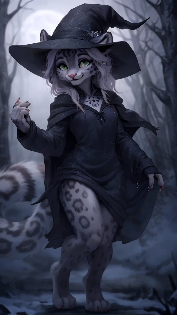 detailed background, dark and eerie forest, fog rolling through the trees, snow-covered ground, full moon shining brightly in the sky, a clearing with scattered leaves and pumpkins, a((slim and graceful)(snow leopard:1.2))female standing tall in her witch costume, (black dress adorned with silver stars), (pointy hat with a wide brim), (long flowing cloak trailing behind her), (sharp claws on her fingertips), (piercing green eyes sparkling with mischief), ((delicate pink nose:1.1)peeking out from under her witch hat), (playful smile revealing sharp fangs), detailed fur markings resembling mystical patterns on her body, (confident stance), (half-body view)