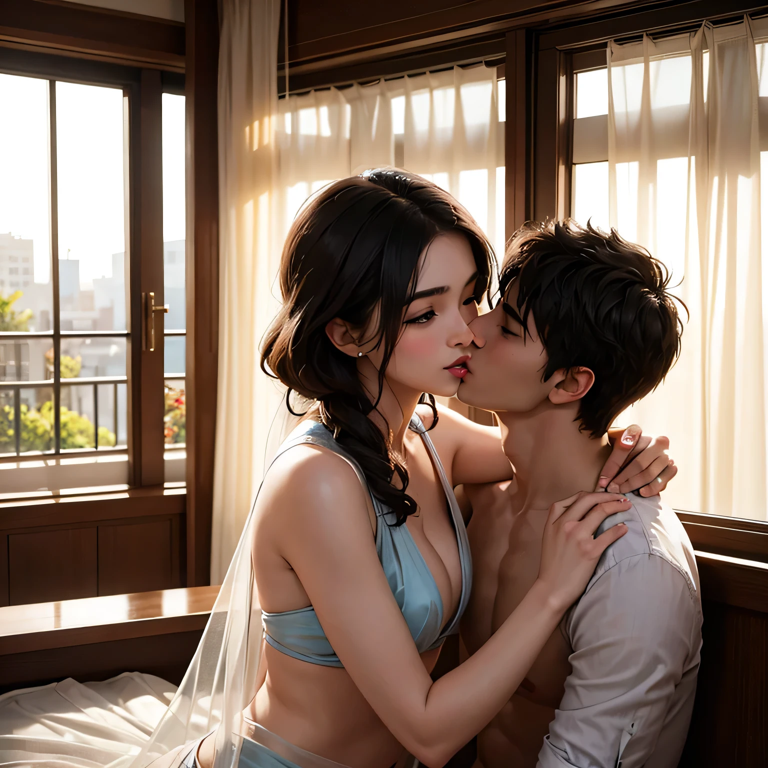 Young boy shirtless kissing a sexy woman wearing a saree near a windowsill, natural light beaming through window, passionate love-making, making out, intensely intimate