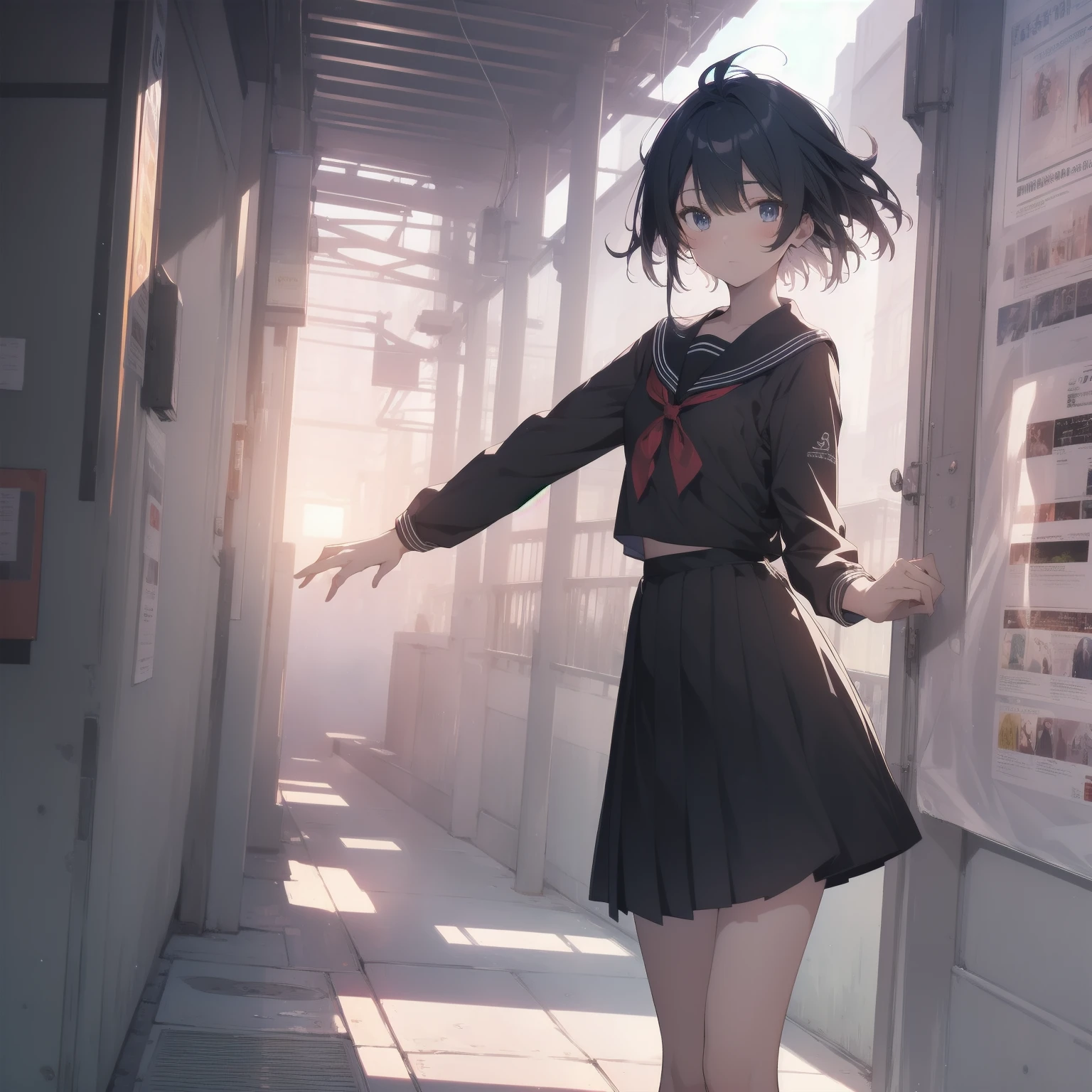 ultra-absurdres-Top quality by artist God, ultra-detailed, high resolution, anime moe artstyle, best anime 8k konachan wallpaper, pixiv contest winner, pool:2810, perfect anatomy,break, 1girl, (Please draw a girl walking sleepily to school alone. )break,(Solo,little female, 13-year-old:1.3),Full limbs, complete fingers,a junior high school student, (very short hair), short cut, flat chest, , small butt, small black eyes, beautiful detailed eyes, well-proportioned iris and pupils, expressive eyes, highres detailed hair, soft expression, salor school_uniform, sailor collar, serahuku, bow, pleated skirt,(Detailed Lighting), (Detailed background), in the School commute route. break,super detailed skin, Best cinematic lighting powered by famous artist, 8k,beauty illustration,photoshop_(medium),very aesthetic,break,((artist:horosuke )), artist:clamp ,artist:carnelian ,artist:kantoku ,