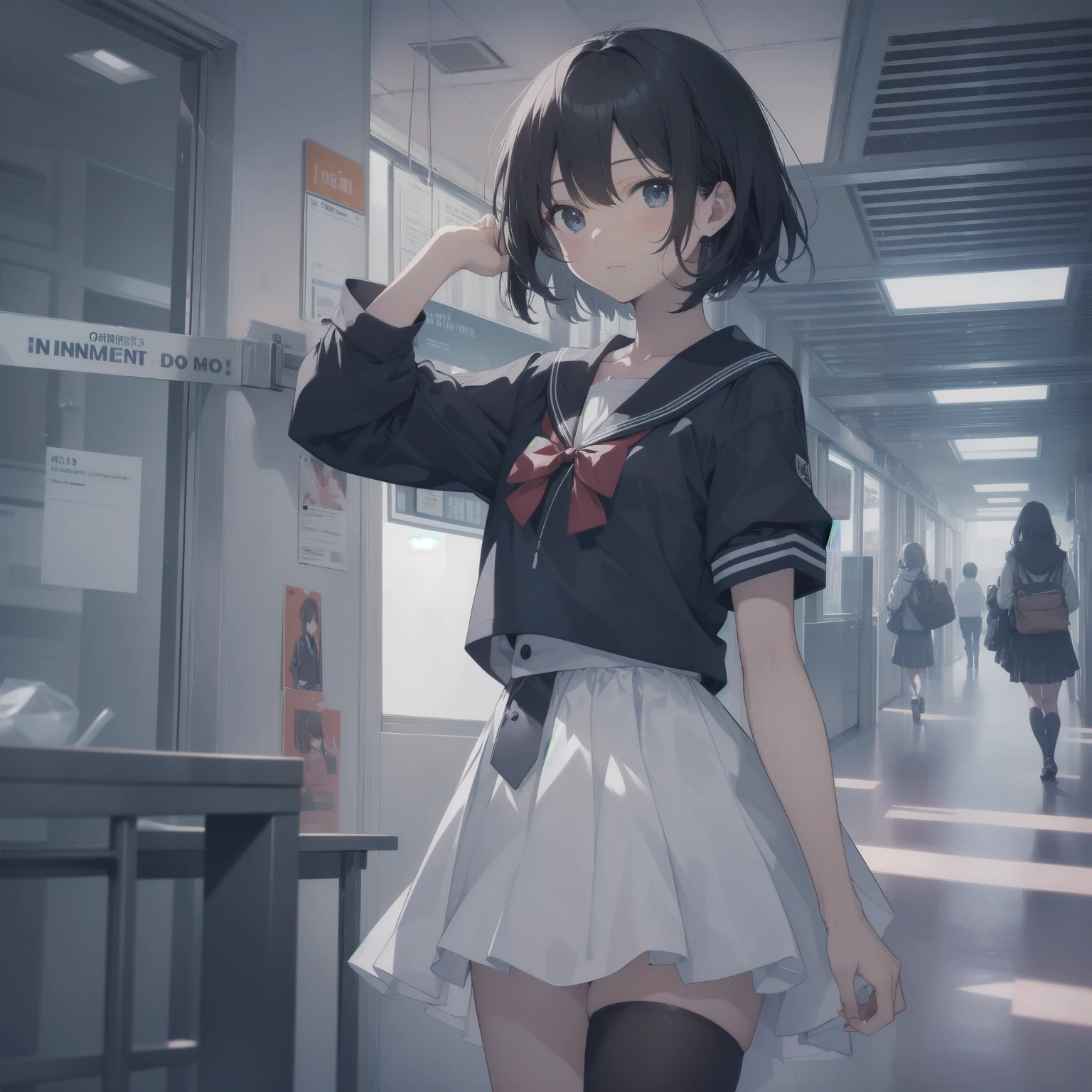 ultra-absurdres-Top quality by artist God, ultra-detailed, high resolution, anime moe artstyle, best anime 8k konachan wallpaper, pixiv contest winner, pool:2810, perfect anatomy,break, 1girl, (Please draw a girl walking sleepily to school alone. )break,(Solo,little female, 13-year-old:1.3),Full limbs, complete fingers,a junior high school student, (very short hair), short cut, flat chest, , small butt, small black eyes, beautiful detailed eyes, well-proportioned iris and pupils, expressive eyes, highres detailed hair, soft expression, salor school_uniform, sailor collar, serahuku, bow, pleated skirt,(Detailed Lighting), (Detailed background), in the School commute route. break,super detailed skin, Best cinematic lighting powered by famous artist, 8k,beauty illustration,photoshop_(medium),very aesthetic,break,((artist:horosuke )), artist:clamp ,artist:carnelian ,artist:kantoku ,