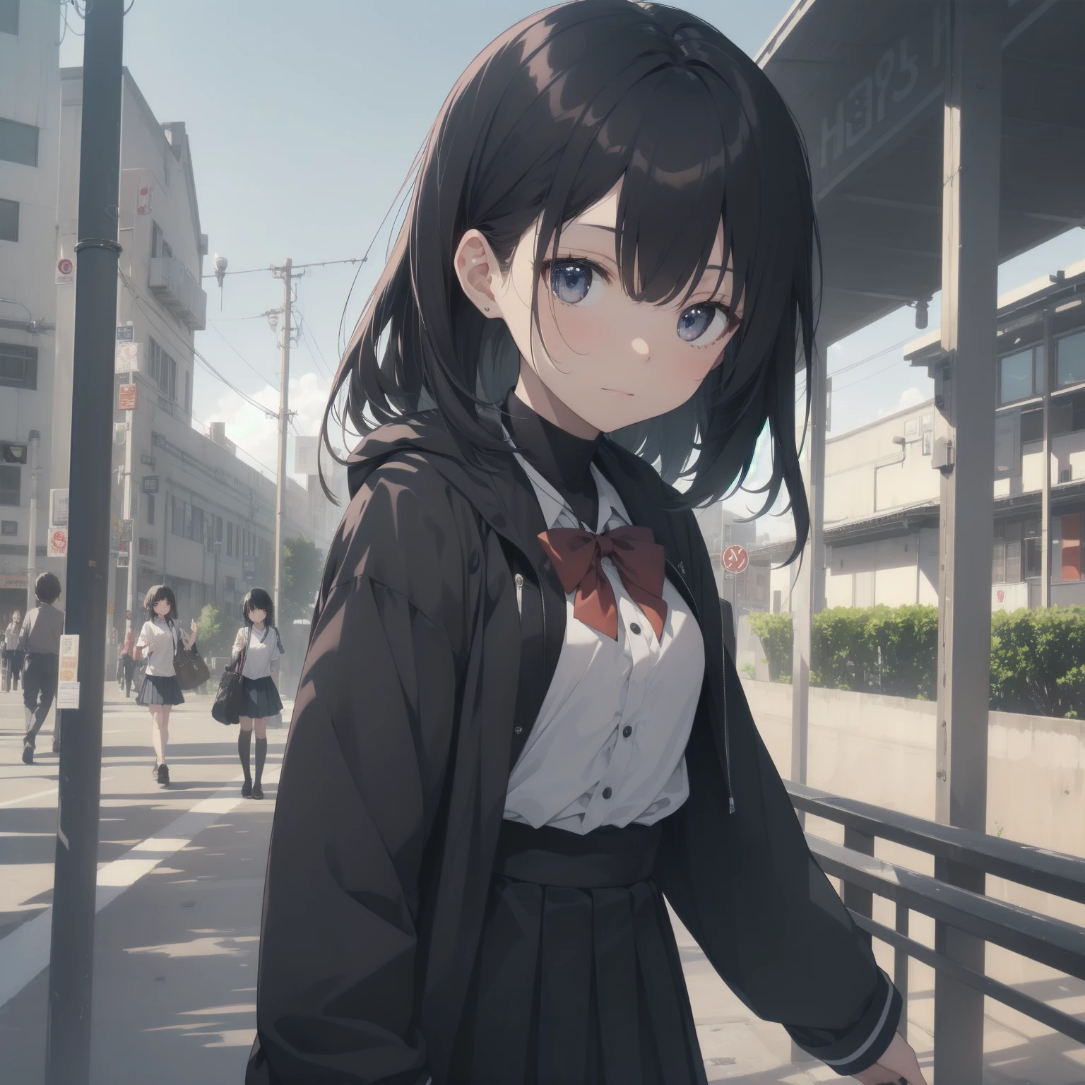 ultra-absurdres-Top quality by artist God, ultra-detailed, high resolution, anime moe artstyle, best anime 8k konachan wallpaper, pixiv contest winner, pool:2810, perfect anatomy,break, 1girl, (Please draw a girl walking sleepily to school alone. )break,(Solo,little female, 13-year-old:1.3),Full limbs, complete fingers,a junior high school student, (very short hair), short cut, flat chest, , small butt, small black eyes, beautiful detailed eyes, well-proportioned iris and pupils, expressive eyes, highres detailed hair, soft expression, salor school_uniform, sailor collar, serahuku, bow, pleated skirt,(Detailed Lighting), (Detailed background), in the School commute route. break,super detailed skin, Best cinematic lighting powered by famous artist, 8k,beauty illustration,photoshop_(medium),very aesthetic,break,((artist:horosuke )), artist:clamp ,artist:carnelian ,artist:kantoku ,