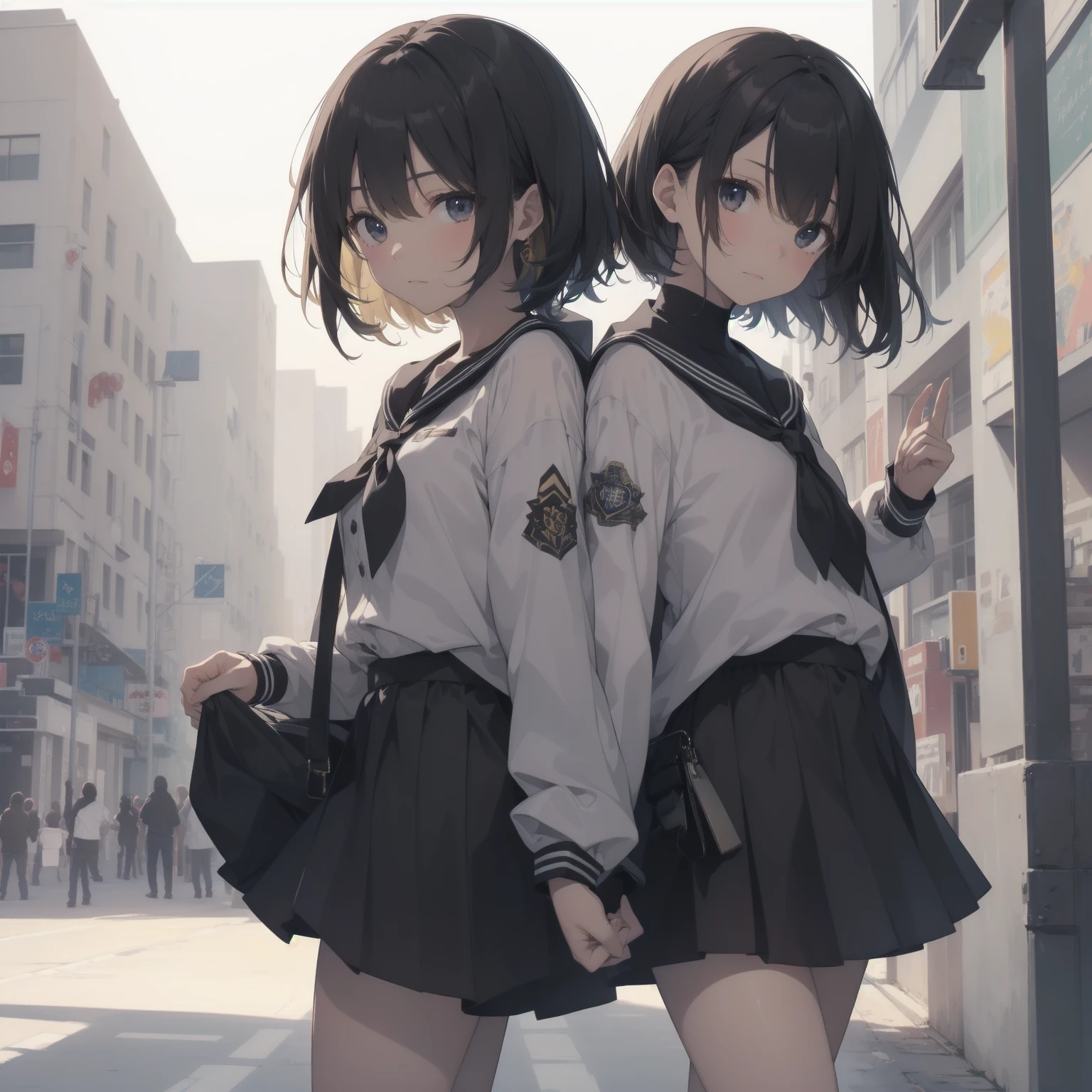 ultra-absurdres-Top quality by artist God, ultra-detailed, high resolution, anime moe artstyle, best anime 8k konachan wallpaper, pixiv contest winner, pool:2810, perfect anatomy,break, 1girl, (Please draw a girl walking sleepily to school alone. )break,(Solo,little female, 13-year-old:1.3),Full limbs, complete fingers,a junior high school student, (very short hair), short cut, flat chest, , small butt, small black eyes, beautiful detailed eyes, well-proportioned iris and pupils, expressive eyes, highres detailed hair, soft expression, salor school_uniform, sailor collar, serahuku, bow, pleated skirt,(Detailed Lighting), (Detailed background), in the School commute route. break,super detailed skin, Best cinematic lighting powered by famous artist, 8k,beauty illustration,photoshop_(medium),very aesthetic,break,((artist:horosuke )), artist:clamp ,artist:carnelian ,artist:kantoku ,