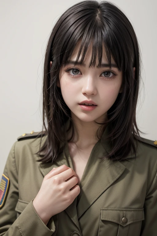 One girl, solo, Call here, Simple Background, Open your mouth, realism, chest, Shortcuts, Black Hair, Bangs between the eyes, Bangs, Army uniform,Hands are at mouth