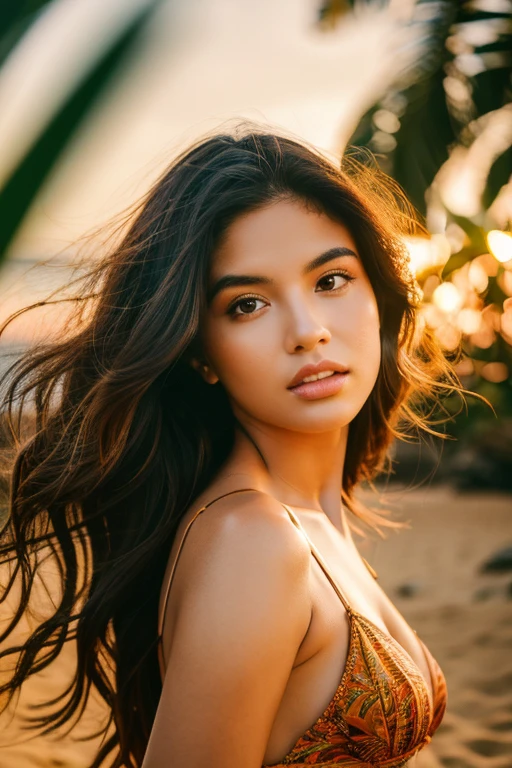 a woman with long flowing beachy wavy hair,bright tropical floral patterned lingerie,posed on a sandy beach with palm trees,sunset in the background,highly detailed,photorealistic,8k,studio lighting,vivid colors,warm color palette,dramatic lighting,natural poses,beautiful detailed face,piercing eyes,plump lips,smooth skin,feminine figure,graceful movement,idyllic tropical beach scene,lush foliage,golden hour lighting,atmospheric depth of field,cinematic composition,masterpiece