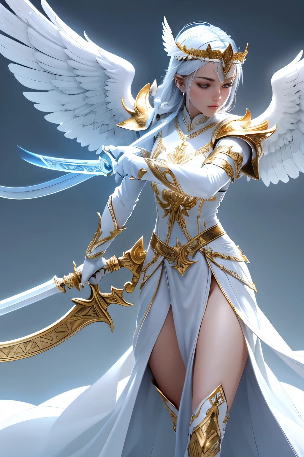 A graceful and imposing sword, the silver blade is straight and sharp, reflecting the light with an almost holy glow. The handle is wrapped in white leather, adorned with gold filigrees, and the guard is carved in the shape of angelic wings, also in gold. In the center of the guard, a light blue gemstone shines with a serene light.