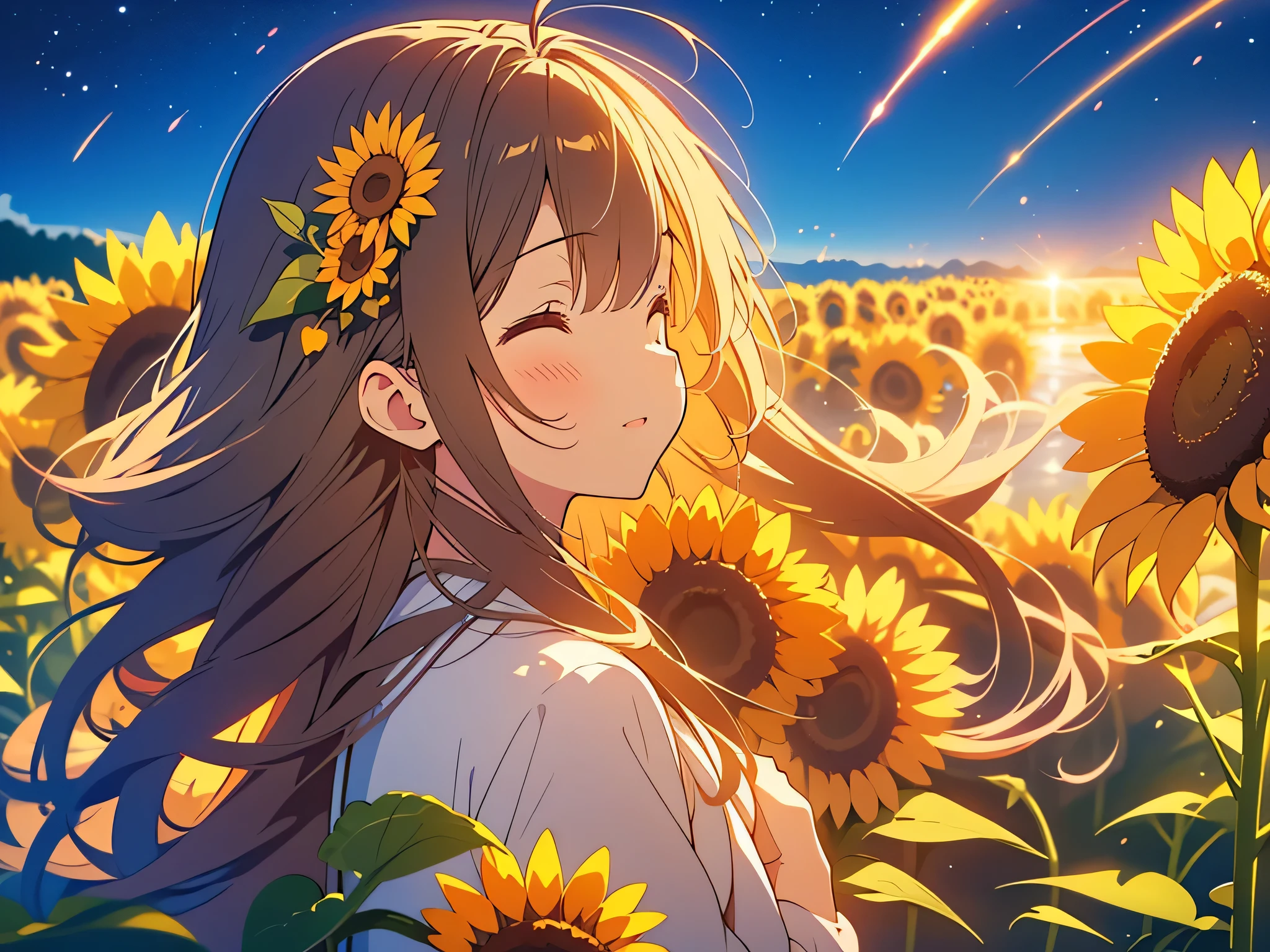 kawaii, anime, Cute, hyper quality, highly detailed, 8k, Clarity, Draw facial expressions in detail, dark brown long hair girl, sunflower, sunflower field, Close ~ eyes, Astronomical observation, look up at the sky, Sunflowers shining in the moonlight, Star of the sky, shooting star, Comet, milky way, light dances, A small shining butterfly dances, perspective looking up, Inciting point of view, turn over, profile, upper body, close your eyes and pray, wish on the sky,