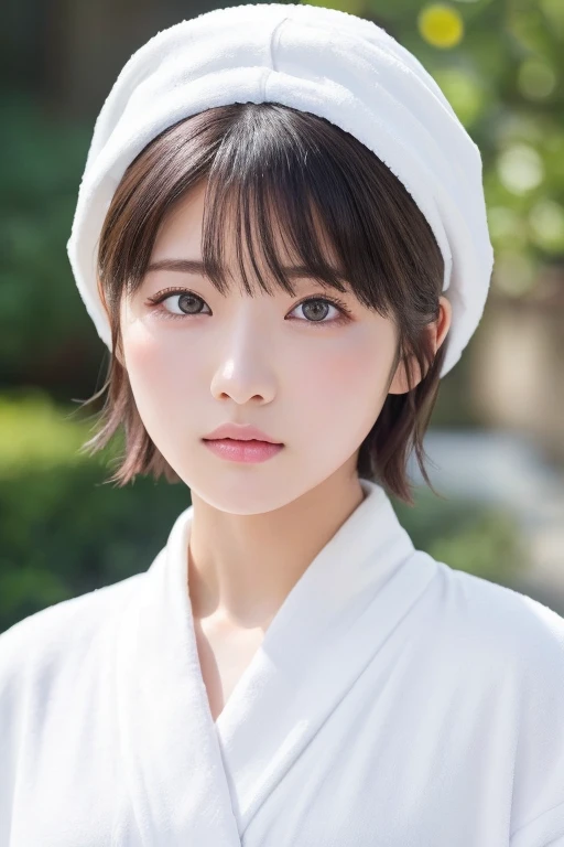 masterpiece, Highest quality, One Woman, (White bathrobe:1.2), 22 years old、(RAW Photos, Highest quality), (reality, Realistic:1.4), Clean look、Iris、very detailed eyes and face, Beautiful and detailed nose, beautiful eyes, Perfect Anatomy, Black short hair, bangs、Crystal skin, Serious face、Face Focus