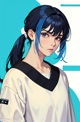 One Man.,Oversized shirt.,Blue earrings,mop top hair. even bangs. Different hair colors on both sides. Putting extensions on your hair
