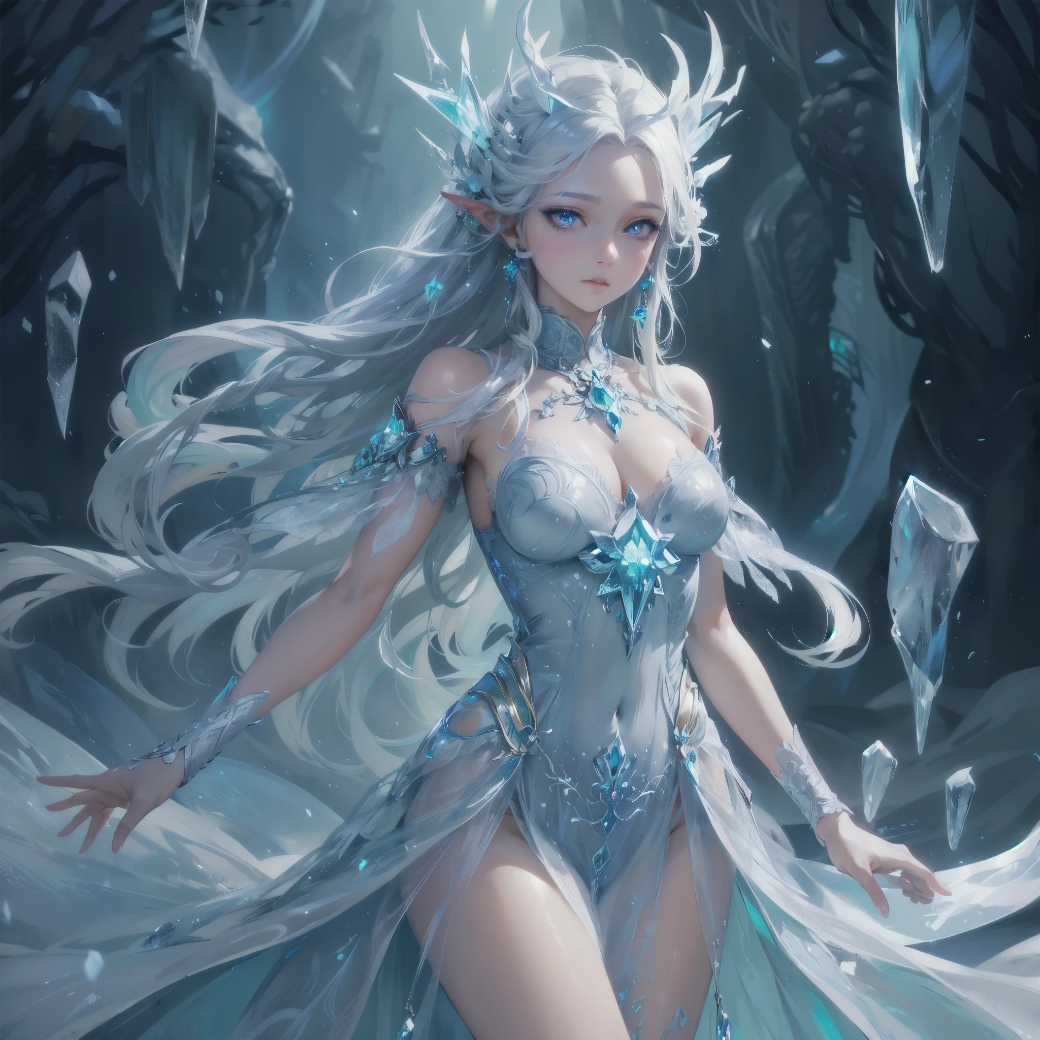  masterpiece, (textured skin), best quality, gorgeous beautiful, (a beautiful girl,ice spirit),detailed clothes,large breasts,narrow waist,, (beautiful face), cinematic lighting, (fantasy anime art ),