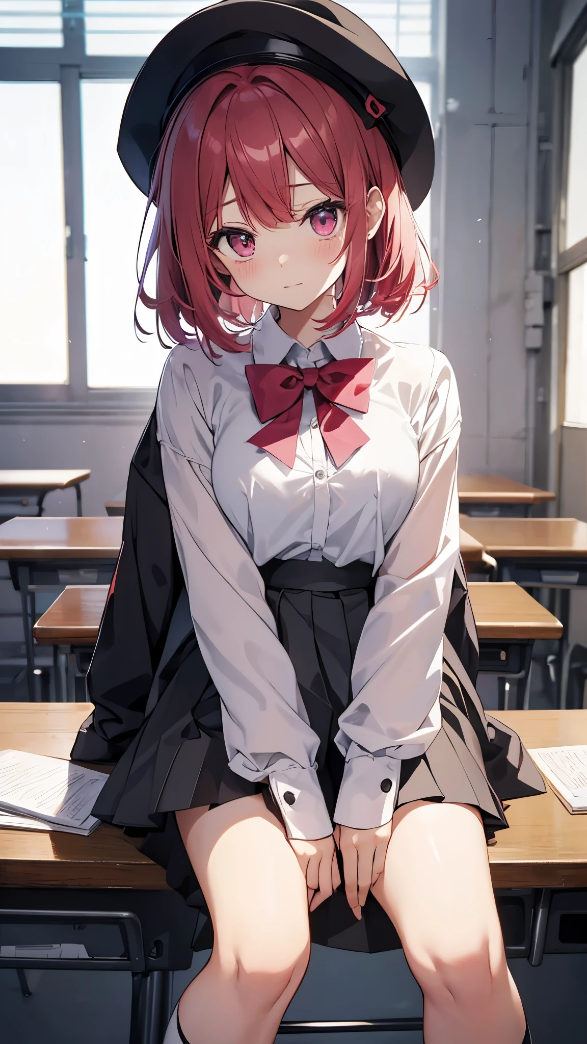 帽子をかぶってベンチに座っているアニメの女の子 細部に至るまin傑作、Highest quality、With a girl、、solo、Looks 12 years oldiful Girl、、Baby Face、red hairs、Graduated bob in front、Pink and violet mesh、Red eyes、Red eyes、expensive, Big eyes、superior look、cute 、Proximity、Closed_mouth、Laughter、blush、Shy、Blue hat、Hins、Pink bow tie、uniform、 青いJacket、Jacket、Skirt、Grey skirt shirt、White shirt、feet、Black socks、Sit on、classroom、hair_ornament、Looking_in_Audience、beiniful detailed eyes、Akame、Wearing panties、Lift up your skirt、Professional Effects、