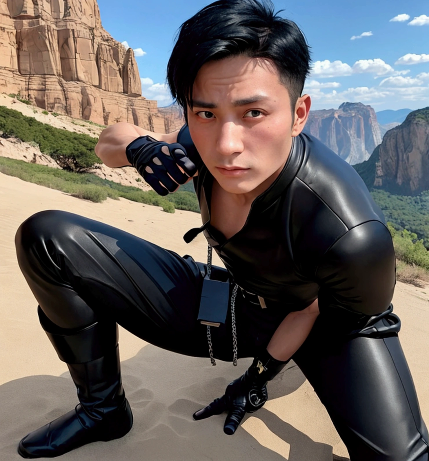 40 years old,One Man,、logic肉質、Black bodysuit、Black Shocker Belt、Cliff in the mountains、Combatant、Black leather gloves、logic,Gay ,Black Hair、Very short hair。sit on the ground with your legs wide open、、The crotch area of the pants is bulging、The crotch area of the pants is bulging、Manly handsome man、Faces of the Turks、Hold a gun、Combat pose　looking at the camera　Highlight the eyes、Please make the pupils larger。Sunburned skin