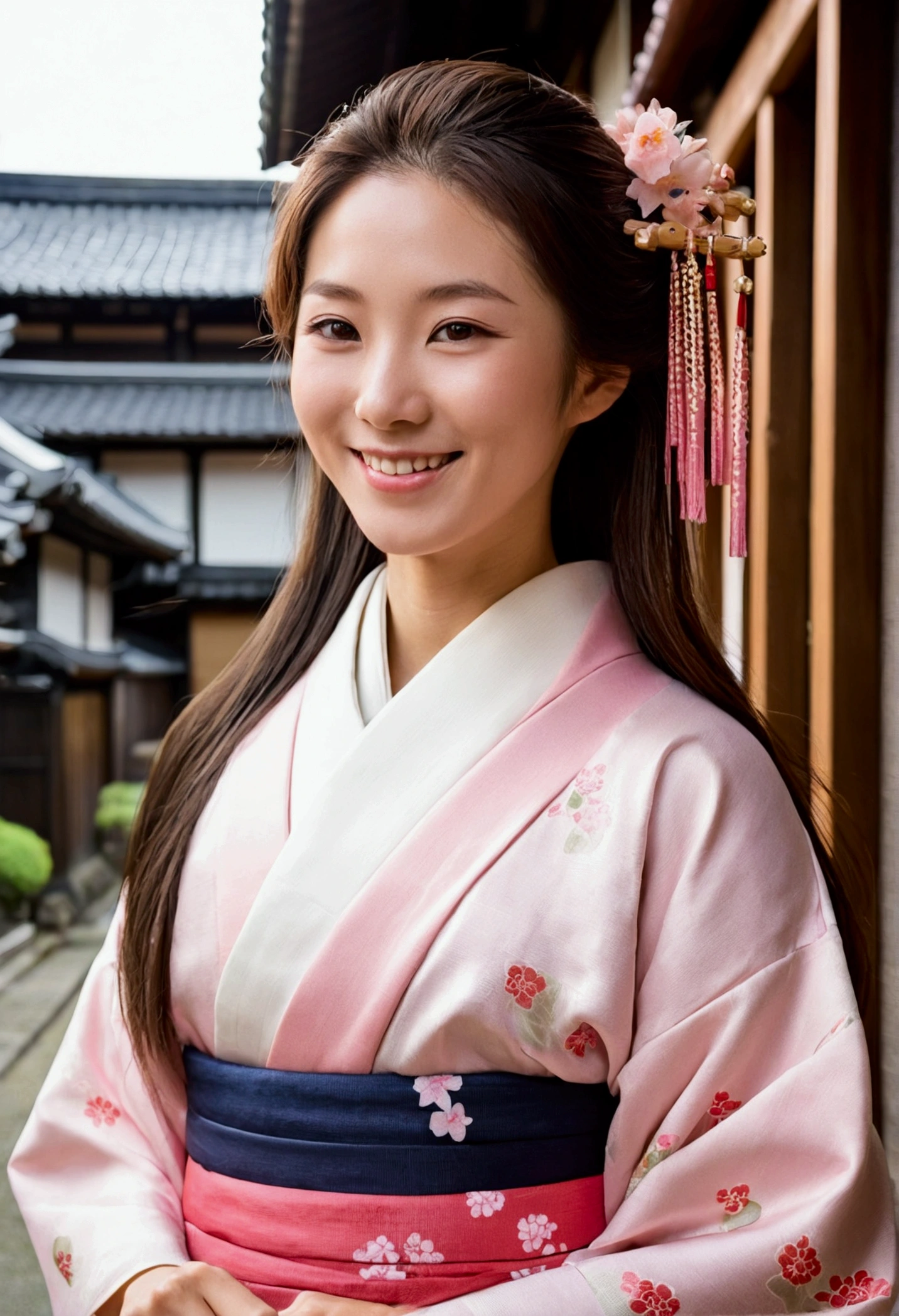 In the city、Edo Period、Wearing a kimono(Kimono color、Light pink)、Woman looking forward and smiling、Medium build、Approximately 20 years old、Long Hair、Beauty