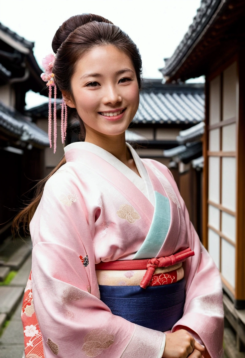 In the city、Edo Period、Wearing a kimono（Kimono color、Light pink）、Woman looking forward and smiling、Medium build、Approximately 20 years old、Long Hair、Beauty