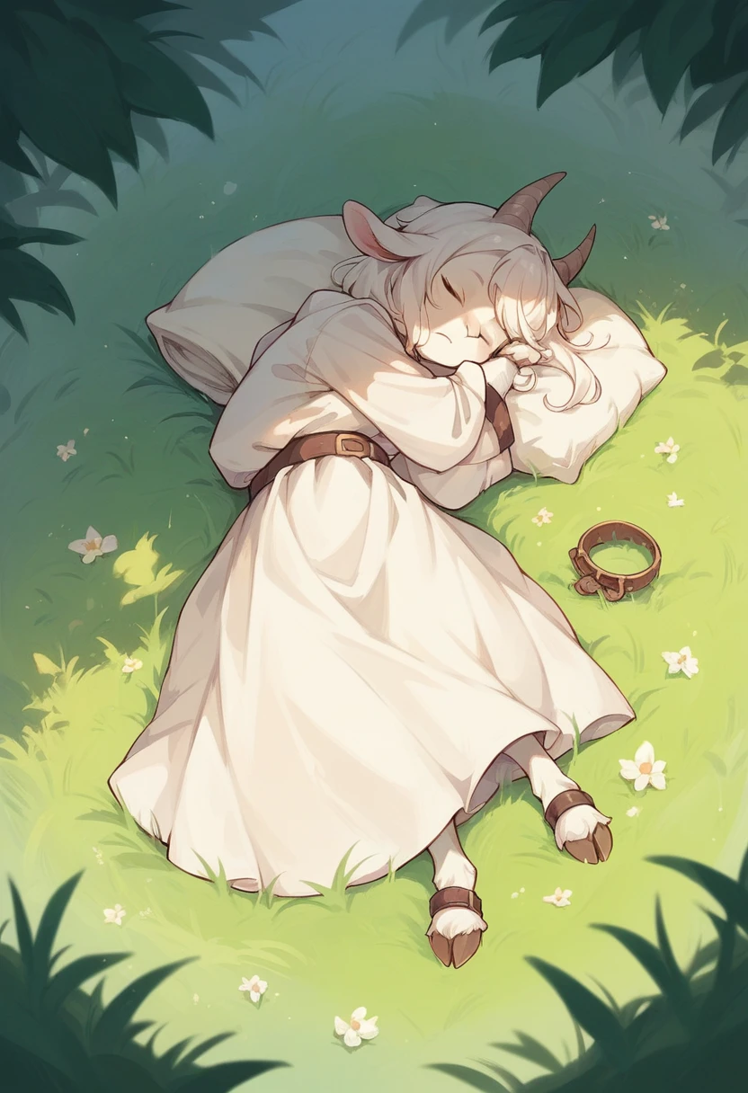 Goat woman sleeping on the grass