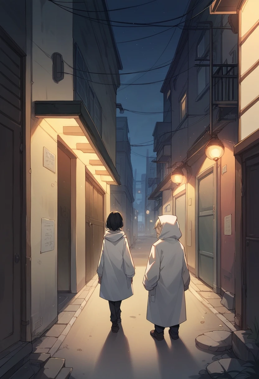 girl Black hair, some blonde White hooded long coat Back alley at night